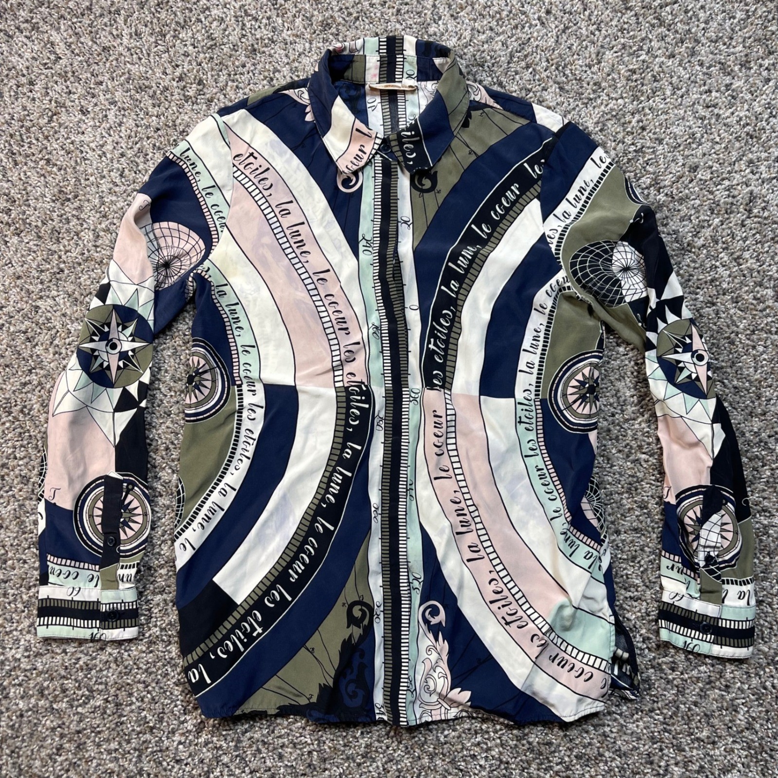 Tory Burch Women's Size 4 100% Silk Blouse Multicolor Compass Print button up