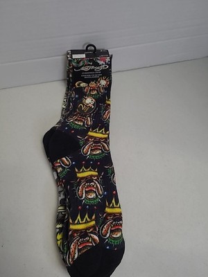Ed Hardy 2 Pairs Socks Mens Size 6-12 Cushioned Crew Bulldogs, Eagle Black New