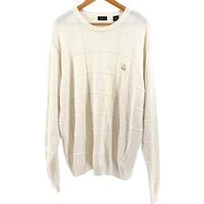 Vintage 90s Izod White 100 Cotton Chunky Grid Knit Crewneck Sweater