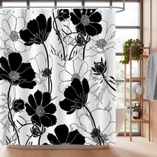 Black, White Floral Shower Curtain 72 x 72, Abstract Garden, Waterproof, Hooks