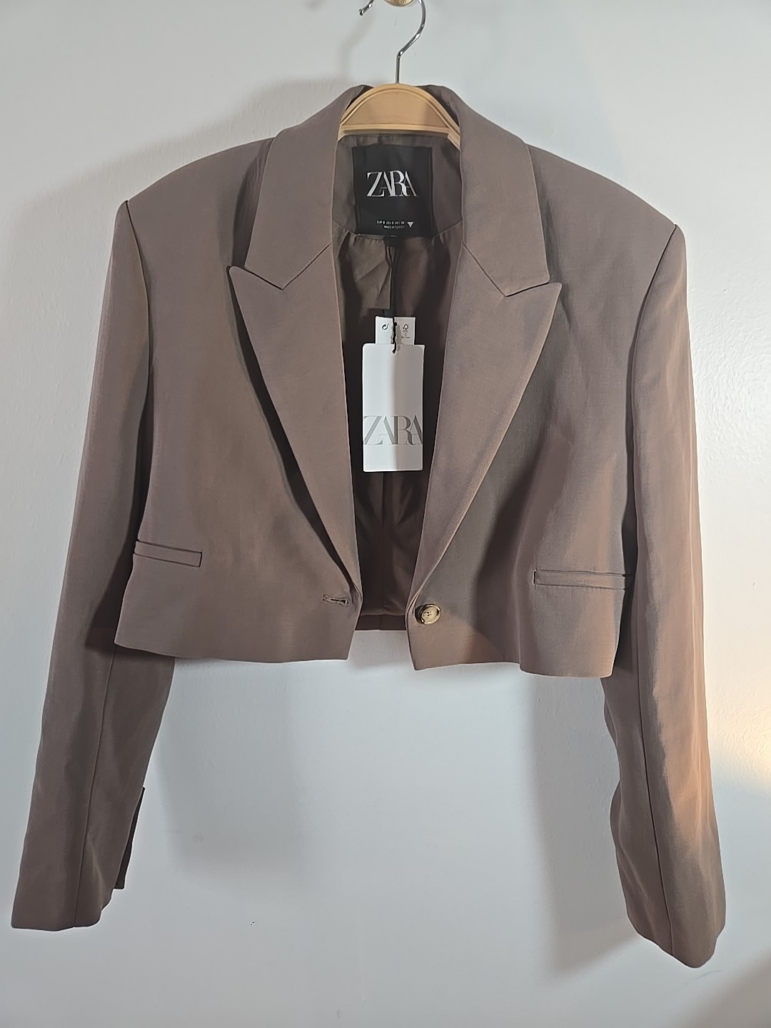 NWT Zara Brown Crop Blazer Size Small Lined Long Sleeve