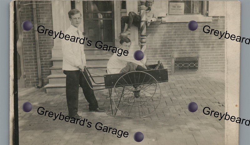 RPPC Occupational Barber Shop Boys Employees? With Cart Real Photo Postcard