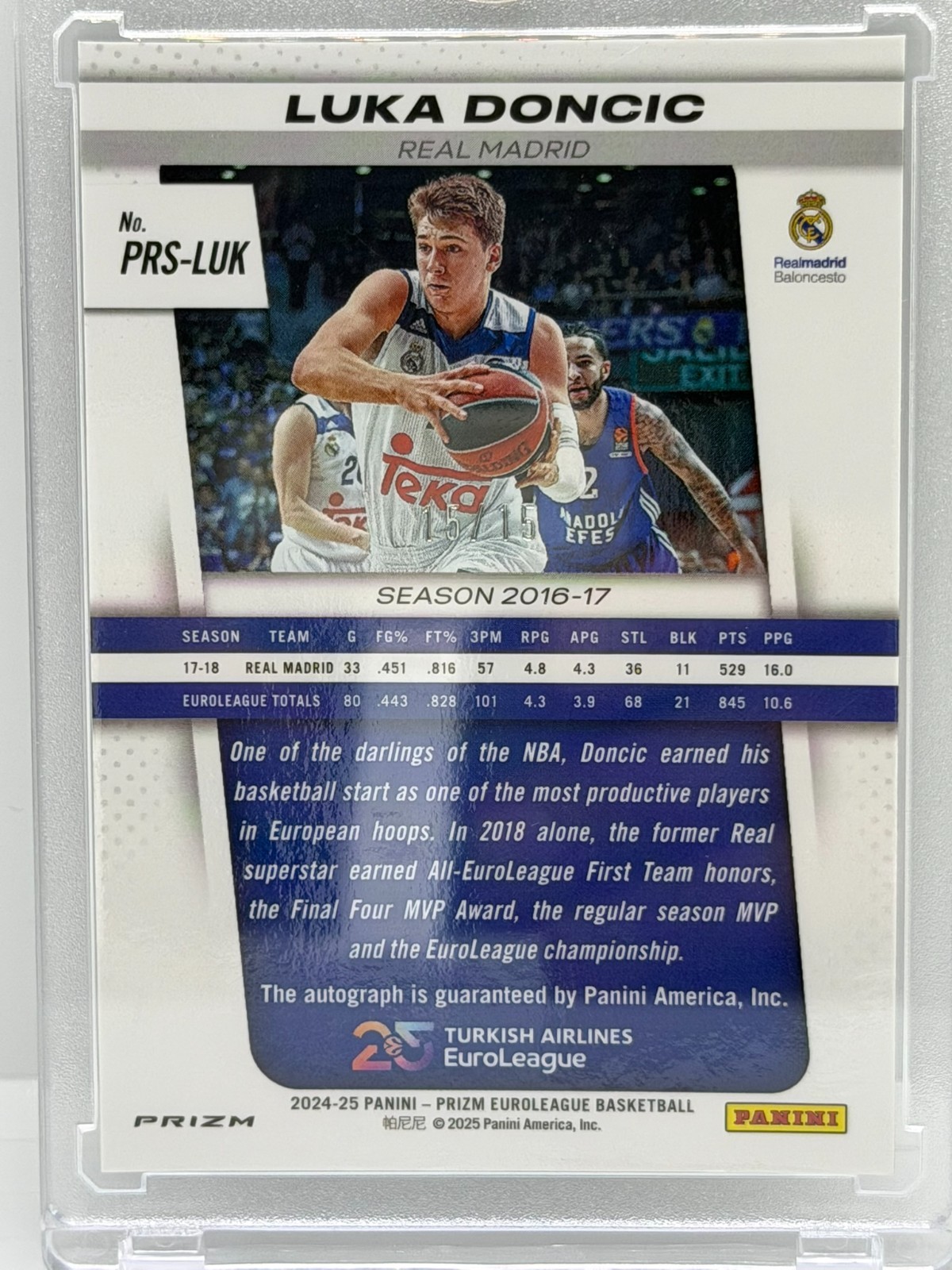 2024-25 Panini Prizm Euroleague Luka Doncic Snakeskin AUTO 15/15 view 2