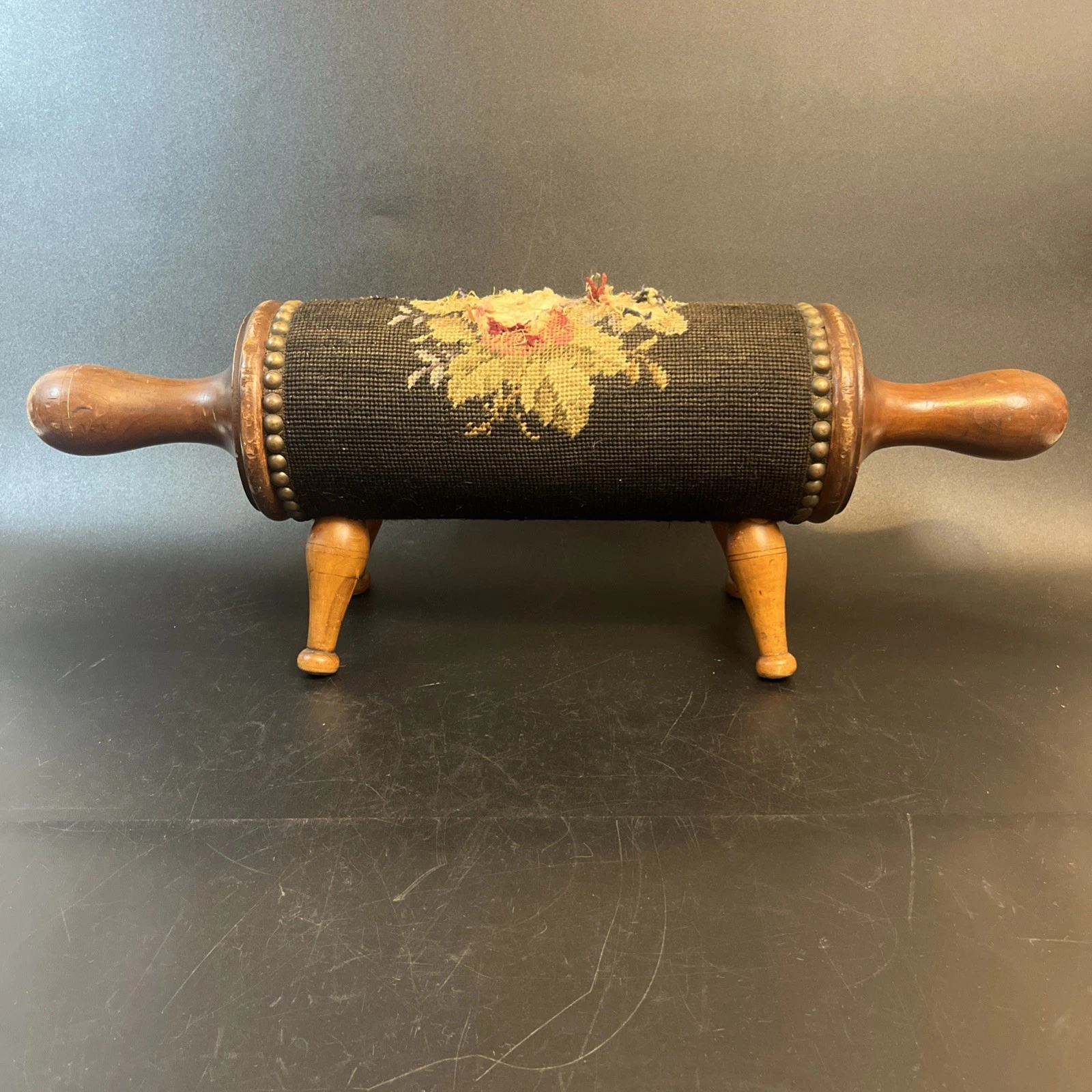 Antique Wood Rolling Pin Foot Stool Rest Embroidered Needlepoint Floral Green