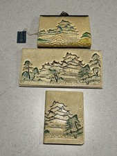 VTG Himeji White Leather 3pc Set Wallet Coin Case Japanese Castle Handmade NOS