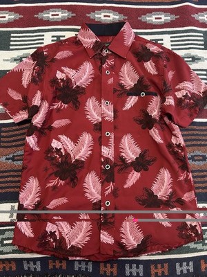 GAJE QUALITY Men's Medium Short Sleeve Red Floral Button-Up Shirt