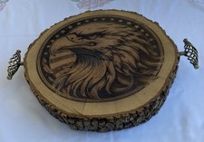 Barbeque Tray 15 in with Handles Engraved Eagle Head Oak Made in USA