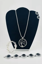 Tree of Life Necklace & Bracelet + Bonus Bracelet-Clip On Earrings Silver Tone