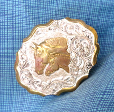 Western Horses Belt Buckle Mare Foal Floral Scroll HSPOJB Vtg Crumrine .GMP297