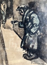 Marcel PRUNIER  "Le Mendiant de Montmartre" 1932 Aquarelle