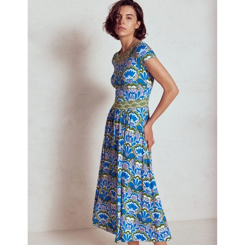 Boden Melanie Jersey Midi Dress Sz 6R Blue Green Floral Stretch EcoVero Jersey