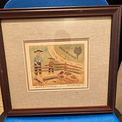 Brian Newswanger Signed Original Drawing ''Amishfolk Feeding Pigs'' Matted Framed