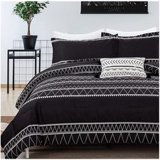 3-Piece Black Comforter Set - Queen Reversible Boho Triangle, Machine Washable