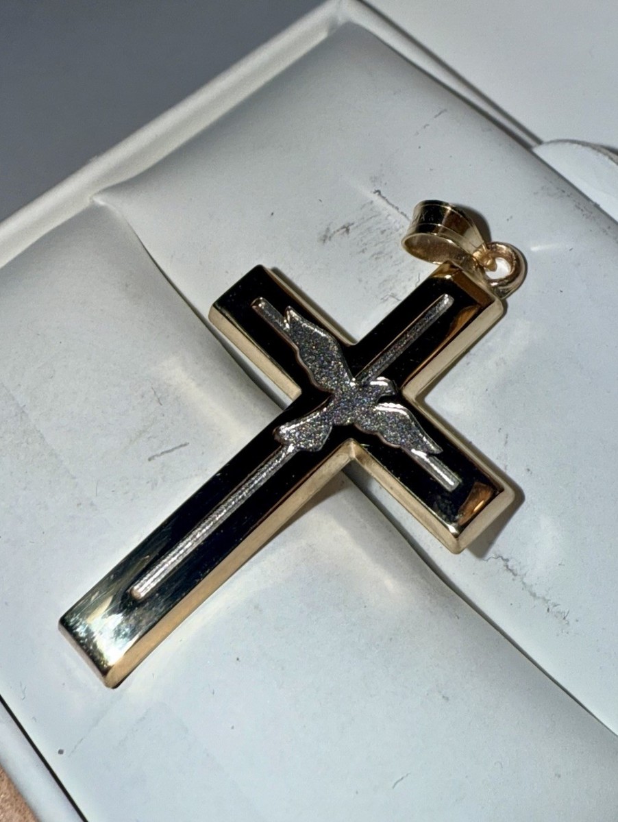 ESTATE Solid 14K Gold Two-Tone Engraved Dove Cross Pendant View 3