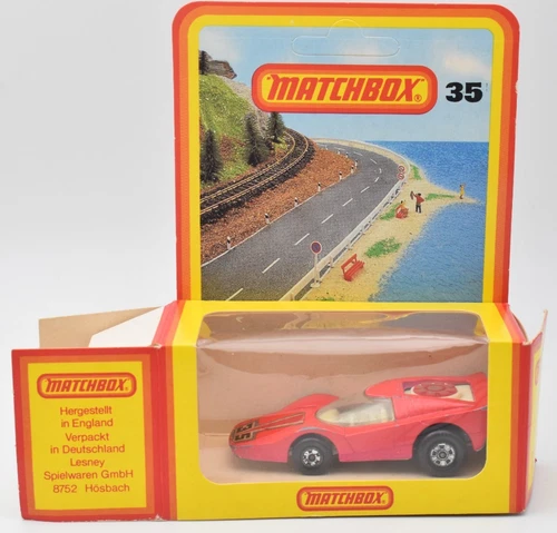 Matchbox Superfast #35 Fandango red, white base. German Box. Lesney England