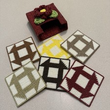 Vtg Set 6 Plastic Canvas Needlepoint Coasters Holder Crochet Flower Grandma Core