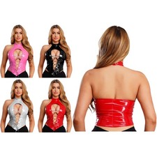 DE Damen Glänzend Leder Shirt Neckholder Leder Lack Optik Tank Top Corsagen Top