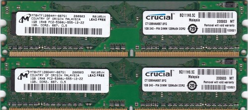 2GB 2x1GB PC2-5300 DDR2-667 CRUCIAL CT12864AA667.8FG MICRON Desktop Memory Kit - Picture 3 of 4