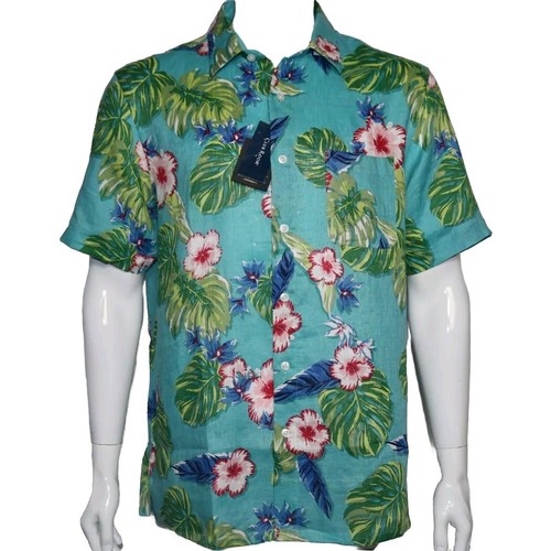 Club Room Luxury Linen Men's Floral Short Sleeve Button Up Shirt Teal Mist Lg