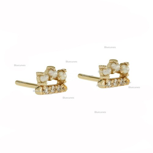 Mini Natural Diamonds Bar & Genuine Pearl Studs 14k Yellow Solid Gold Earrings - Picture 2 of 4