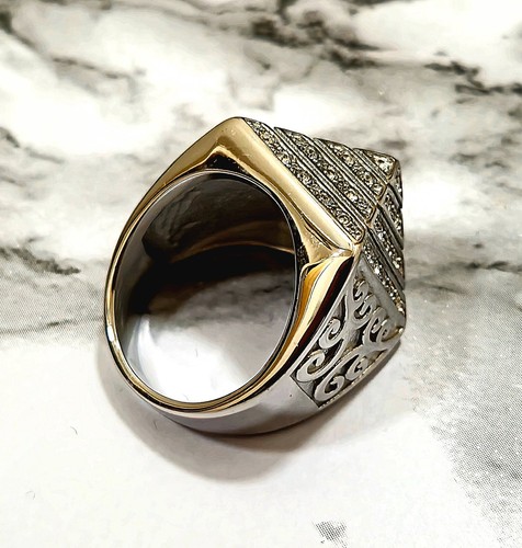 Heavy Egyptian Pyramid Ring Simulated Diamonds 925 Sterling Silver Layered - Picture 5 of 6