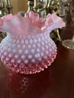 Vintage Fenton Glass Cranberry Pink White Opalescent Hobnail Ruffled Vase