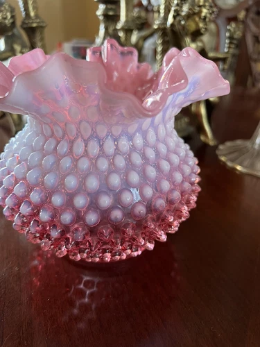 Vintage Fenton Glass Cranberry Pink White Opalescent Hobnail Ruffled Vase
