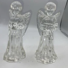 Set Of 2 Vintage Clear Glass Angels Candlestick Holder 6.5" Mini Taper Glass