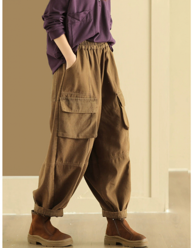 Womens Cotton Loose Cargo Pants Overalls Pockets Elastic Waist Casual Trousers - Picture 7 of 16