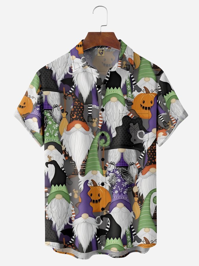 Pumpkin Gnome Hawaiian Shirt with Chest Pocket and Short Sleeves