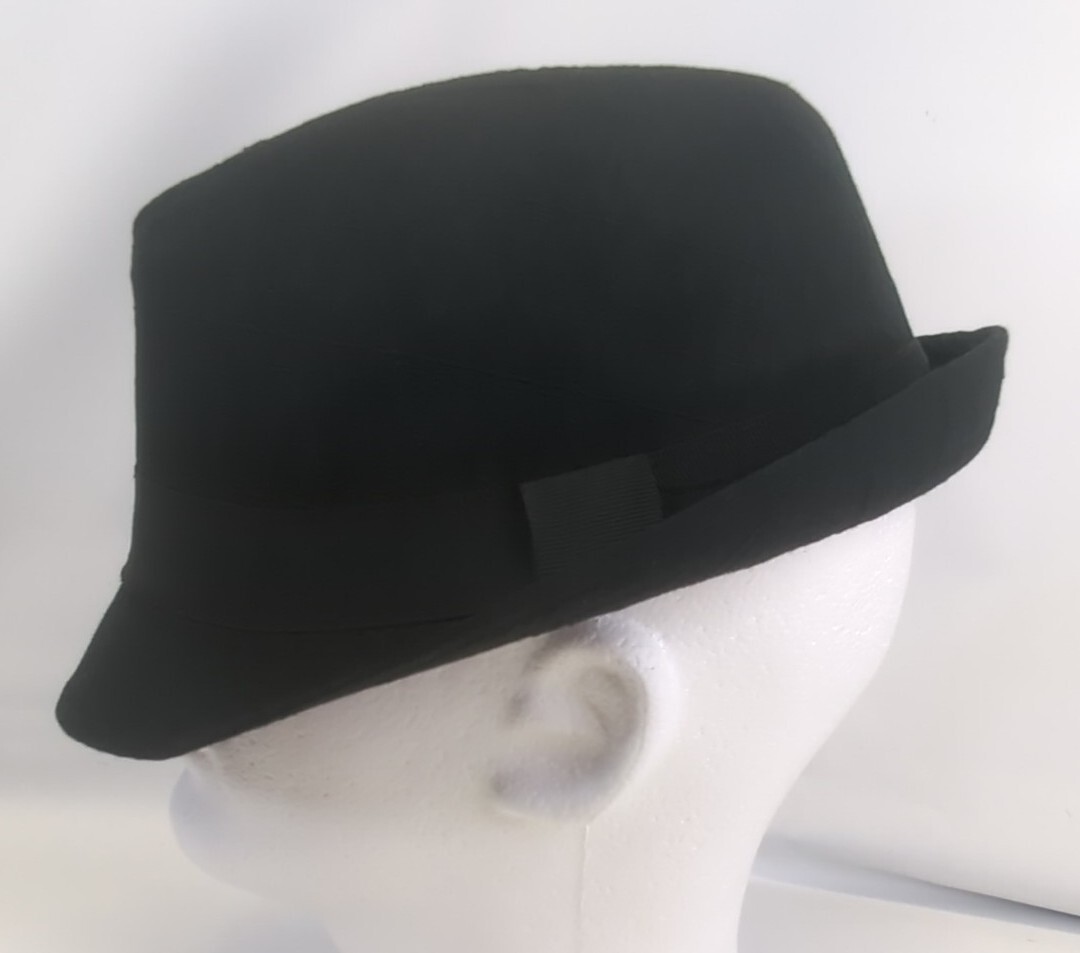 Black Fedora Hat Size M - Solid Black with Checkered Detail