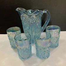 Vintage Imperial Ice Blue Pitcher And 4 Tumblers Iridescent Set Glass NOS #13