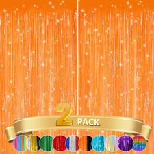 2 Pack Orange Metallic Tinsel Foil Fringe Curtains Door Streamers Photo Booth...