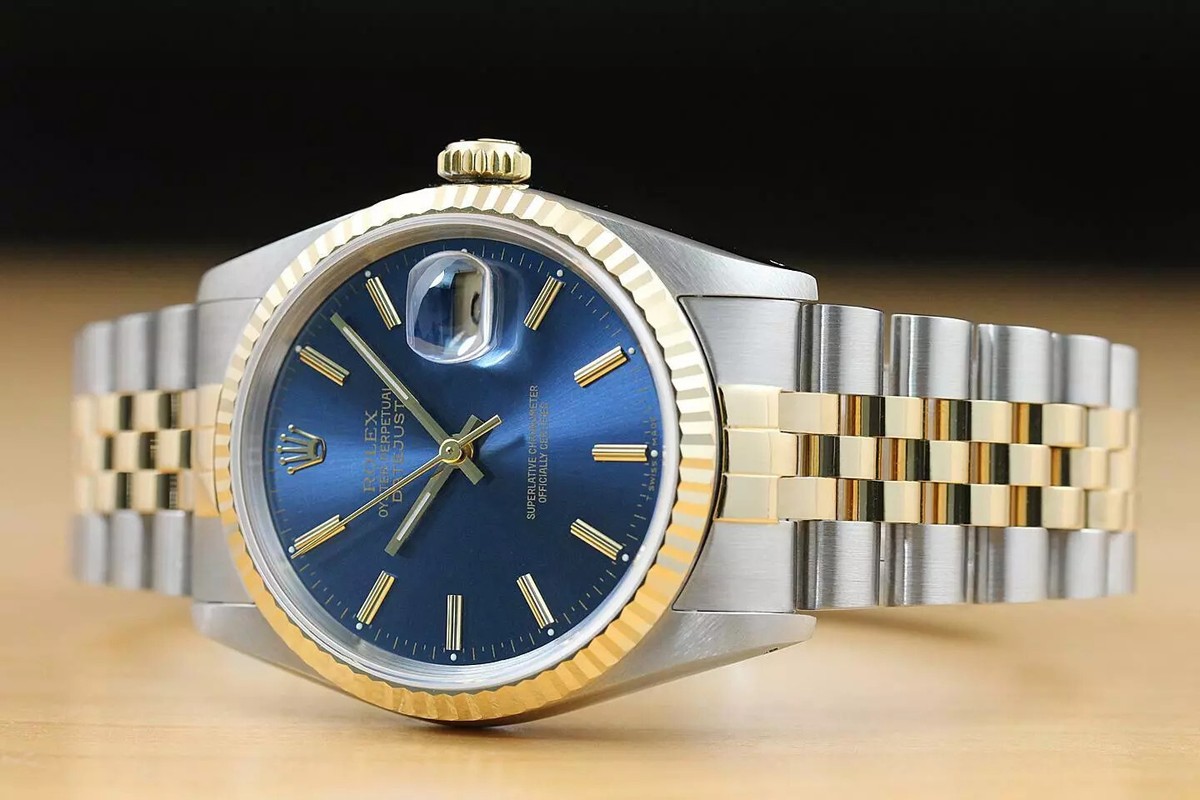 ROLEX MENS DATEJUST 16233 TWO TONE BLUE STICK DIAL 18K GOLD STEEL