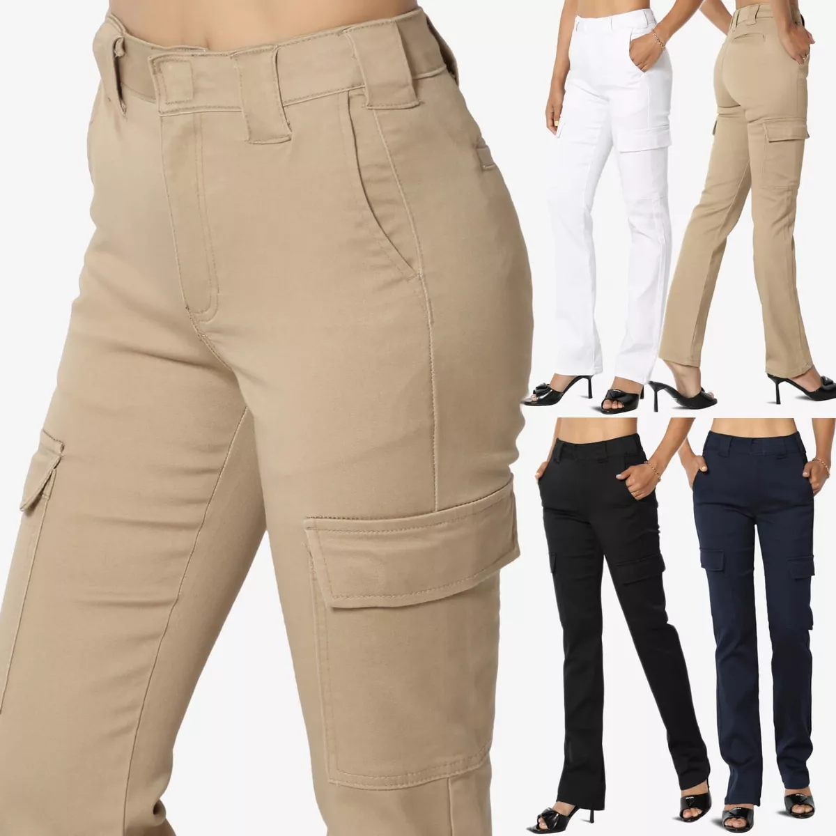 Women's Work School Stretch Twill Canvas High Rise Slim Straight Leg Cargo  Pants