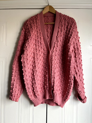 Vintage handgefertigte Grobstrick Strickjacke rosa Wolle ausgefallene Stiche M