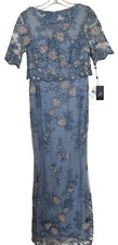 Adrianna Papell Gown Dress Size 4 Womens Blue Floral Embroidered Popover $249