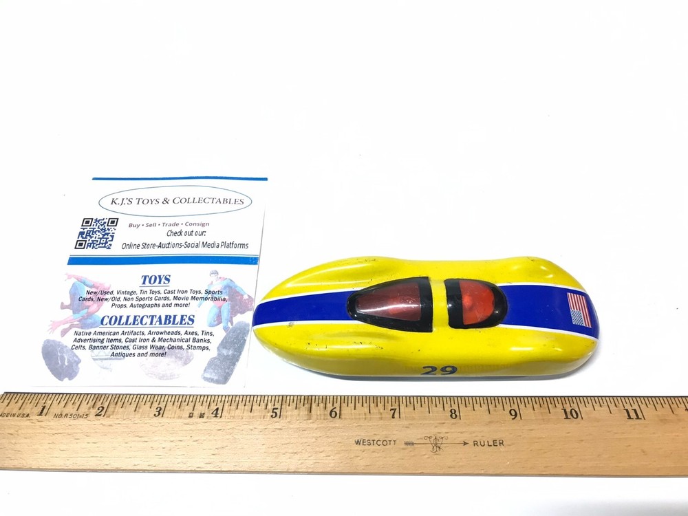 Schylling Friction Car Race Car Number 29 Yellow-Blue Tin Litho USA