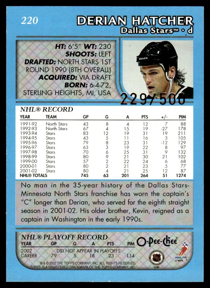 2002-03 Topps O-Pee-Chee Blue Line Derian Hatcher /500 Dallas Stars #220 . - Image 2 of 2