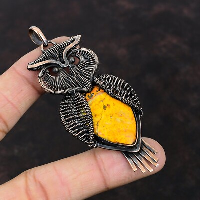 Bumble Bee Jasper Jewelry Copper Mum Gift Wire Wrapped Owl Pendant 3.35''