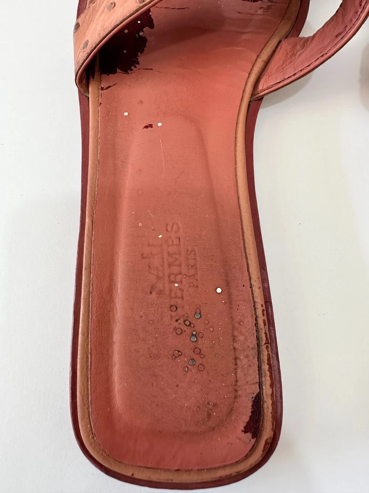 Hermes Rosa Avestruz Cuero Naranja Diapositivas Planas Talla 39 EU/9 US/6 UK Foto 4 de 4