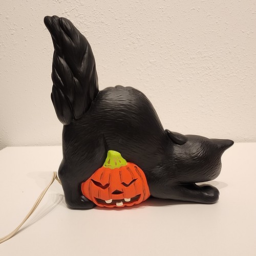 Vintage Hand Painted Ceramic Pumpkin Jack O’Lantern Black Cat Halloween Decor - Picture 4 of 8