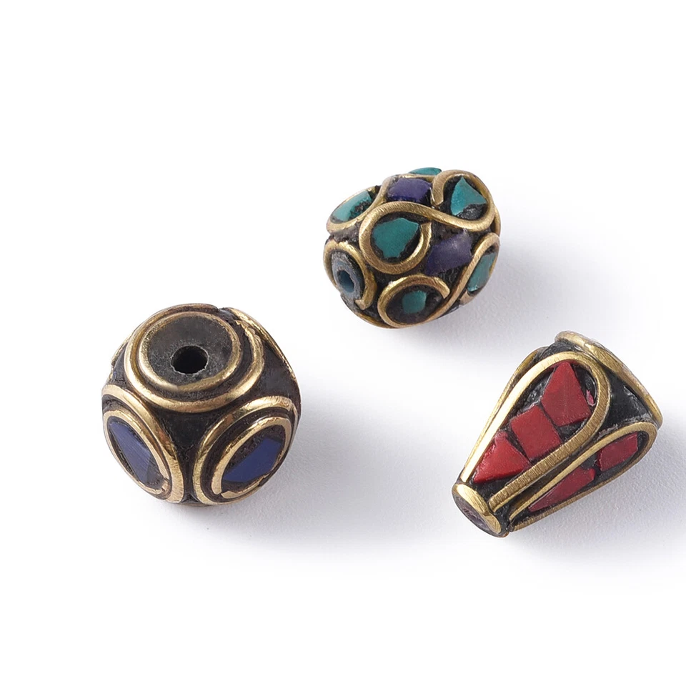 50pcs Assorted Handmade Tibetan Metal Beads Coral Turquoise Antique Gold 8~13mm - Image 2 of 4