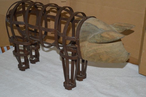 Vtg Large Carved Wood & Iron Pig Figurine Sculpture Folk Art Barbeque - Picture 5 of 7