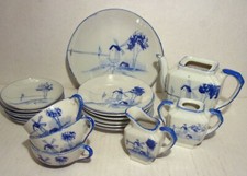 Vintage Porcelain TEA SET Child Size WHITE  BLUE WINDMILL 19 pc. JAPAN