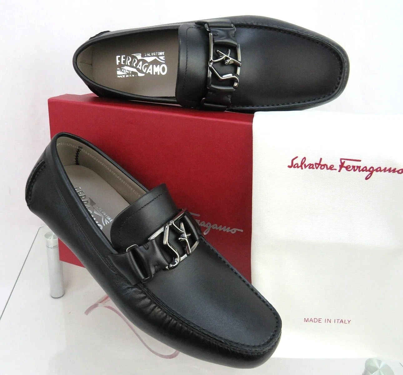Ferragamo — NIB FERRAGAMO PETER BLACK LEATHER SF LOGO BUCKLE MOCCASIN DRIVING LOAFERS 8.5 EE