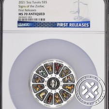 2021 NGC MS70 Antiqued First Releases Tuvalu 5 oz Silver Coin Signs The Zodiac