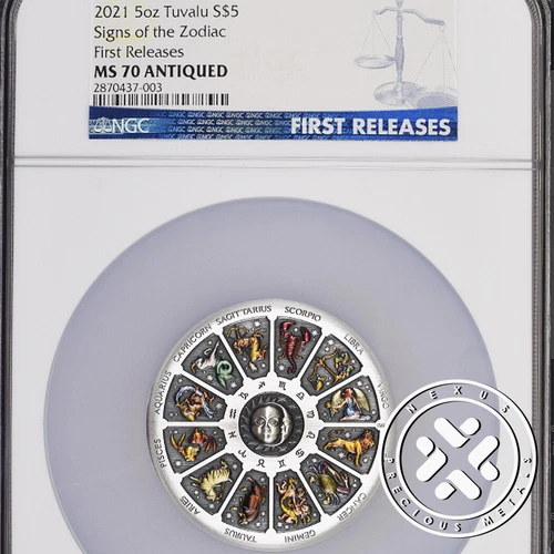 2021 NGC MS70 Antiqued First Releases Tuvalu 5 oz Silver Coin Signs The Zodiac
