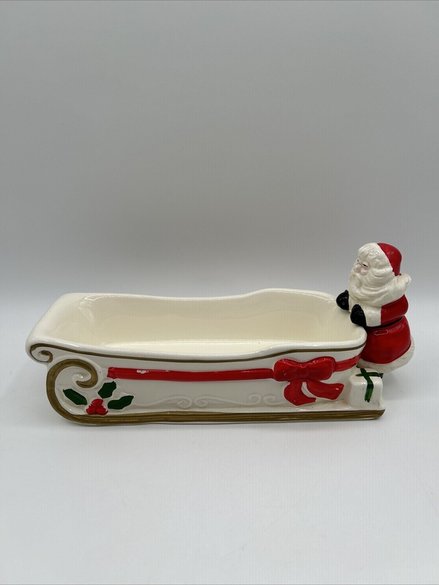 Vintage Christmas Ceramic Santa Sleigh Cracker Cheese Serving Dish