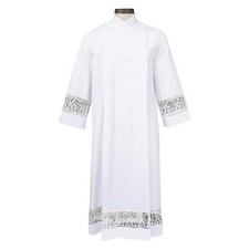Elegant Alpha and Omega Front Wrap Alb with Alpha and Omega Lace Insert Size M